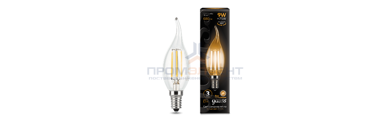 Лампа Gauss Filament Свеча на ветру 9W 680lm 2700К Е14 LED 1/10/50